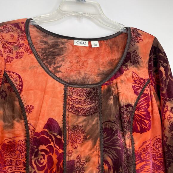 CATO Brown Orange Sheer Burnt Velvet Floral Paisley Fairycore Y2K Size Large - Picture 2 of 14